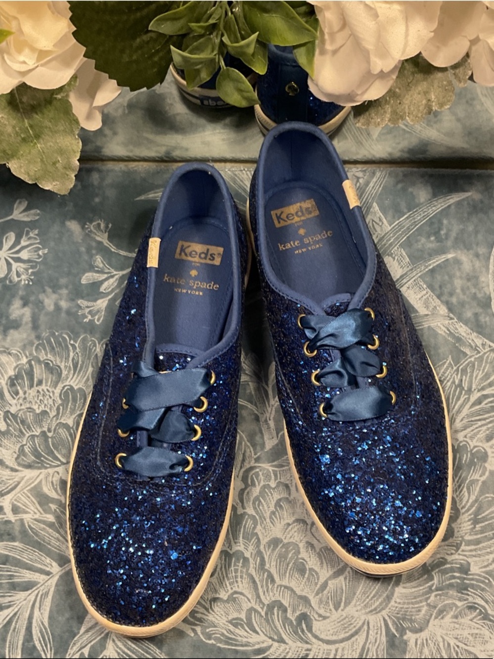Keds Blue Glitter Satin Ribbon Lace Sneakers